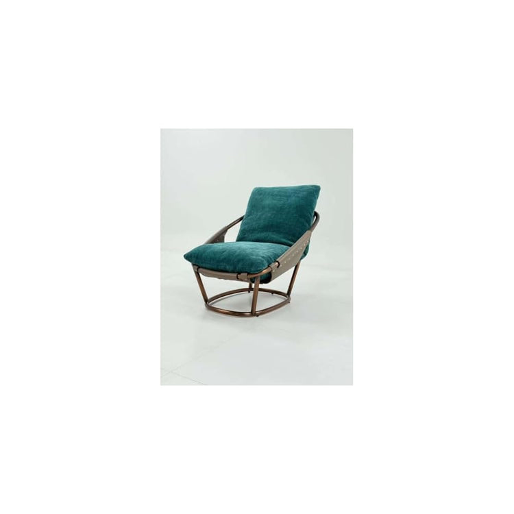 Teal Velvet Lounge Chair with Curved Steel Frame and Reclined Back
