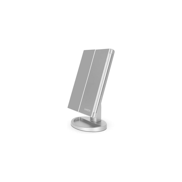 deweisn Tabletop Mount Tri-Fold Lighted Vanity Mirror with 21 LED Lights, Touch Screen and 3X/2X/1X Magnification, Two Power Supply Modes Make Up Mirror,Travel Mirror