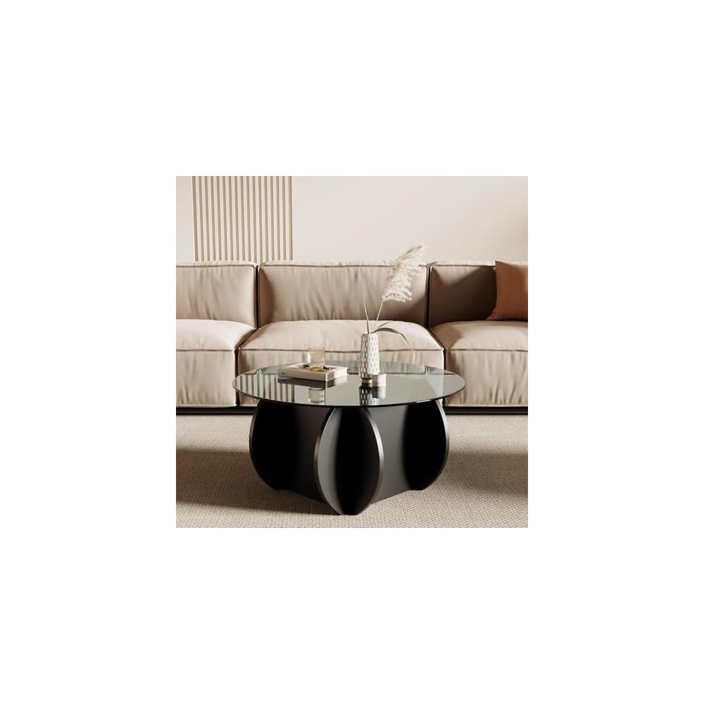 Honyee Modern Round Coffee Table, 30.7" x 30.7" x 16.1" Tempered Glass Top for Living Room, Color: Natural Wood