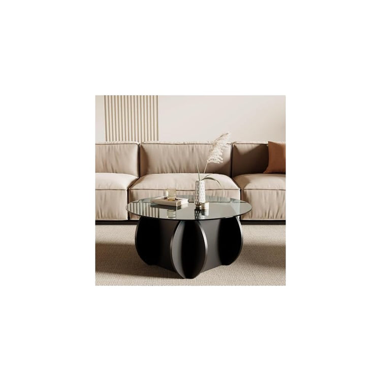 Honyee Modern Round Coffee Table, 30.7" x 30.7" x 16.1" Tempered Glass Top for Living Room, Color: Natural Wood