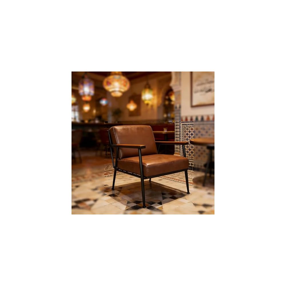 Mid-Century Modern Brown Faux Leather Accent Chair with Wooden Arms – Comfy Design for Office, Living Room, and Bedroom – Stylish & Versatile Seating Solution