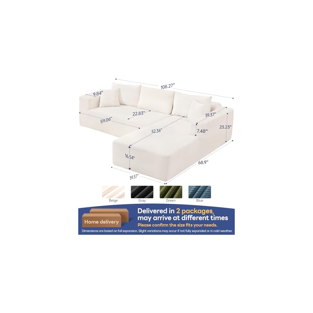 108" Cloud Sectional Couch L-Shaped Sofa Beige Right Facing Chaise