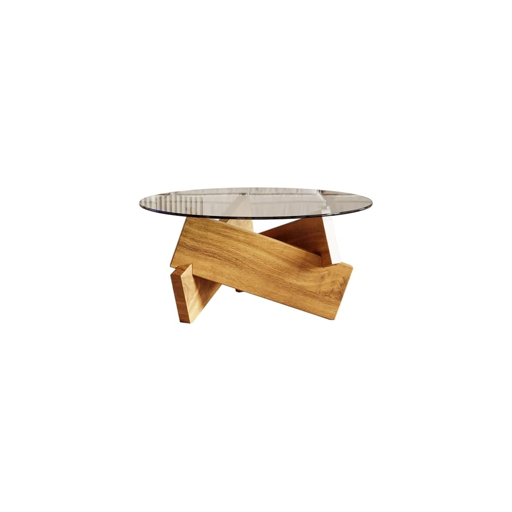 Honyee Modern Round Coffee Table, 30.7" x 30.7" x 16.1" Tempered Glass Top for Living Room, Color: Natural Wood