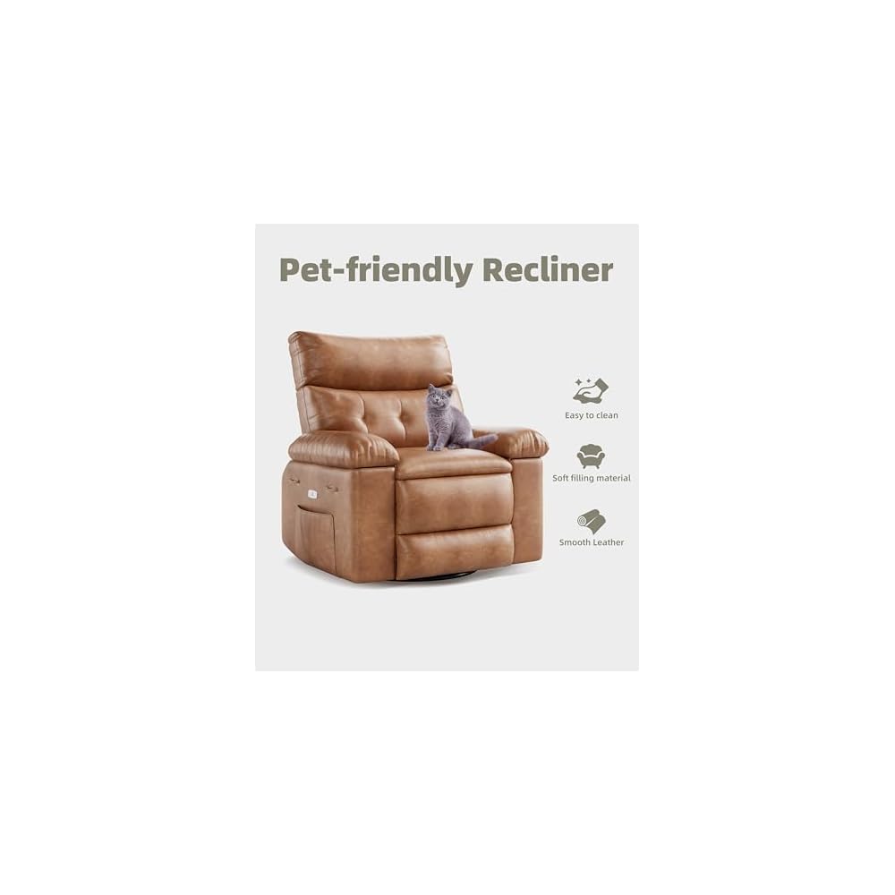 360° Swivel Manual Recliner Chair with Massage & Remote Control, PU Leather Lounge Chair with Side Pocket, Wide Single Sofa Seat for Living Room Comfort, Ergonomic Beige Reclining Armchair
