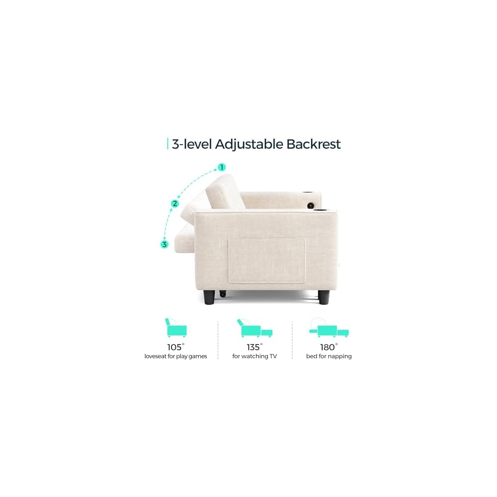 LINSY Sleeper Sofa Bed, 54" Pull Out Couch with Charging Station & Cup Holder, Small 3 in 1 Convertible Loveseat Sleeper Couch for Apartment, Dorm Room, Bedroom and Small Space, Chenille Beige