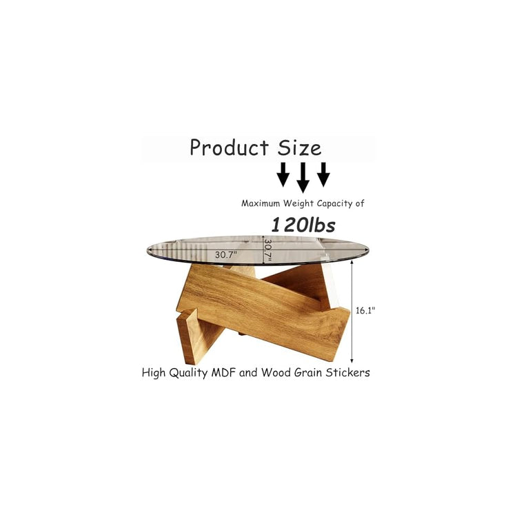 Honyee Modern Round Coffee Table, 30.7" x 30.7" x 16.1" Tempered Glass Top for Living Room, Color: Natural Wood