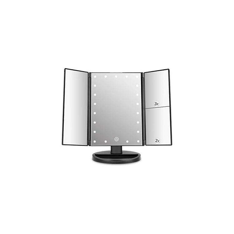 deweisn Tabletop Mount Tri-Fold Lighted Vanity Mirror with 21 LED Lights, Touch Screen and 3X/2X/1X Magnification, Two Power Supply Modes Make Up Mirror,Travel Mirror