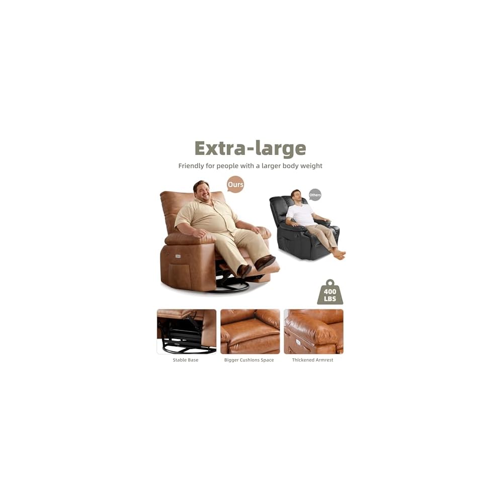 360° Swivel Manual Recliner Chair with Massage & Remote Control, PU Leather Lounge Chair with Side Pocket, Wide Single Sofa Seat for Living Room Comfort, Ergonomic Beige Reclining Armchair
