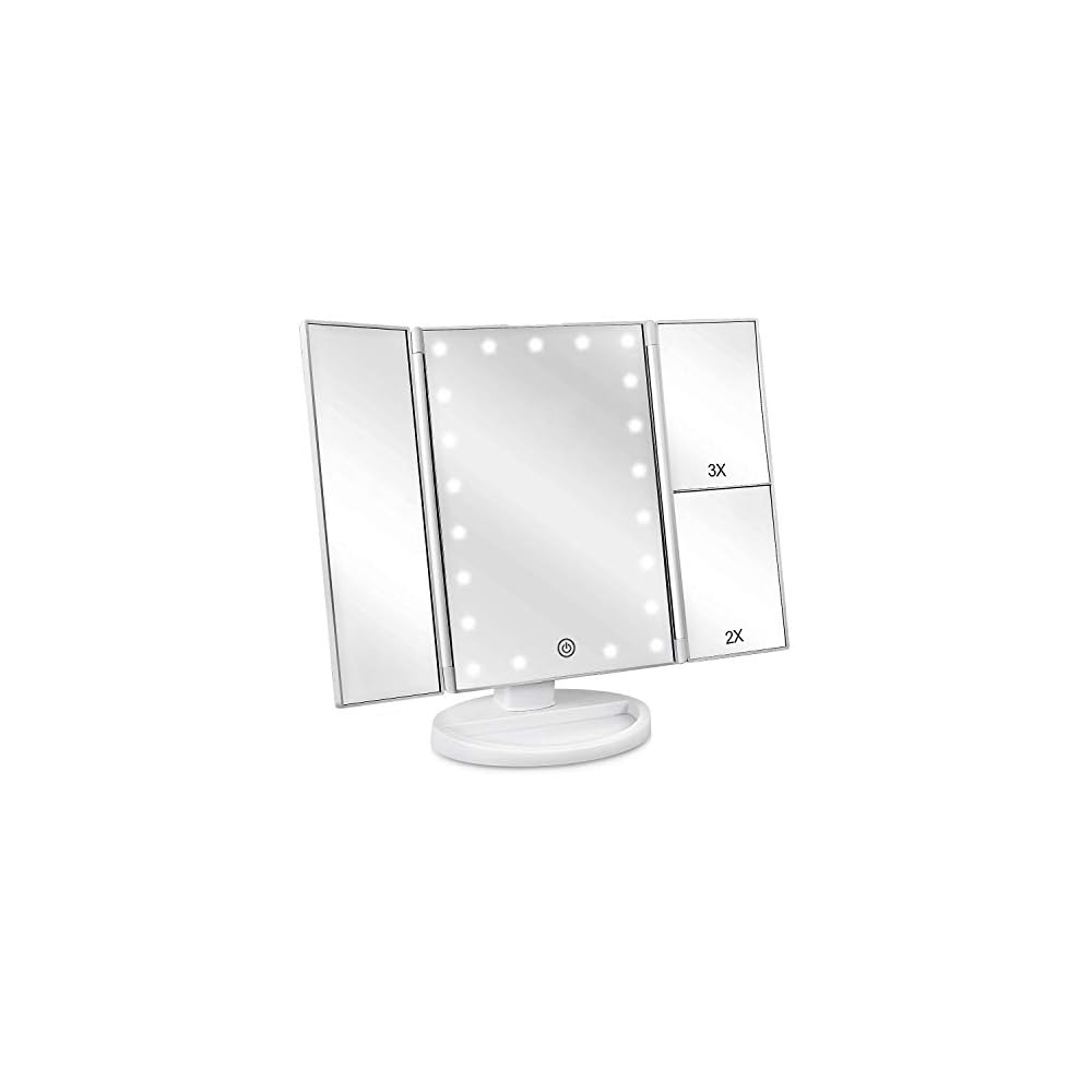 deweisn Tabletop Mount Tri-Fold Lighted Vanity Mirror with 21 LED Lights, Touch Screen and 3X/2X/1X Magnification, Two Power Supply Modes Make Up Mirror,Travel Mirror