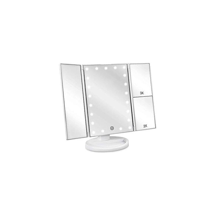 deweisn Tabletop Mount Tri-Fold Lighted Vanity Mirror with 21 LED Lights, Touch Screen and 3X/2X/1X Magnification, Two Power Supply Modes Make Up Mirror,Travel Mirror