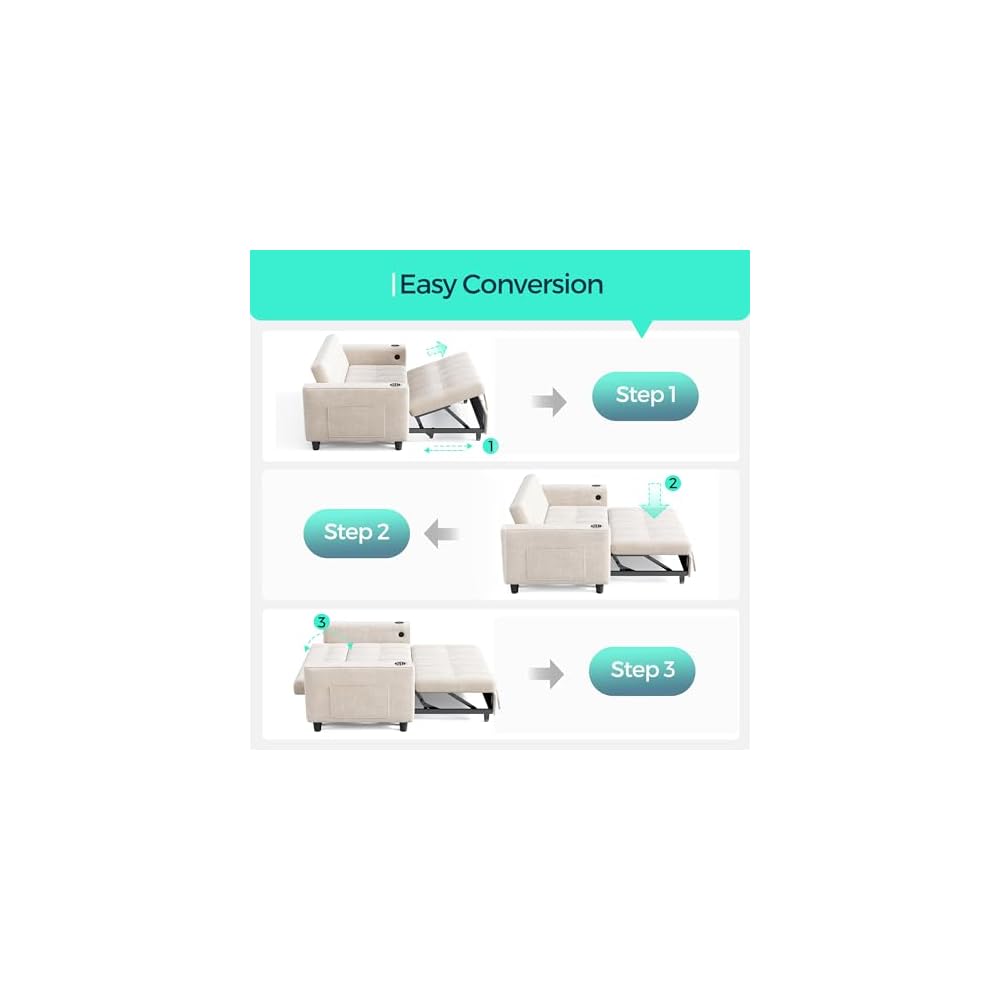 LINSY Sleeper Sofa Bed, 54" Pull Out Couch with Charging Station & Cup Holder, Small 3 in 1 Convertible Loveseat Sleeper Couch for Apartment, Dorm Room, Bedroom and Small Space, Chenille Beige