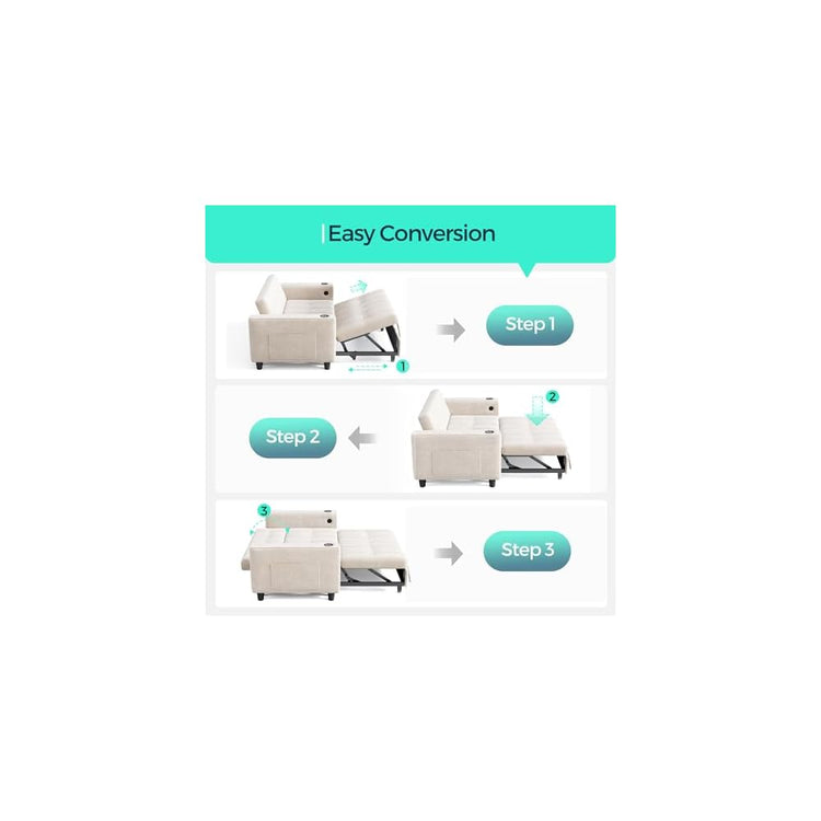 LINSY Sleeper Sofa Bed, 54" Pull Out Couch with Charging Station & Cup Holder, Small 3 in 1 Convertible Loveseat Sleeper Couch for Apartment, Dorm Room, Bedroom and Small Space, Chenille Beige