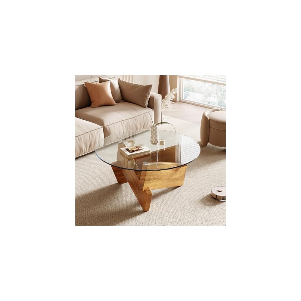 Honyee Modern Round Coffee Table, 30.7" x 30.7" x 16.1" Tempered Glass Top for Living Room, Color: Natural Wood