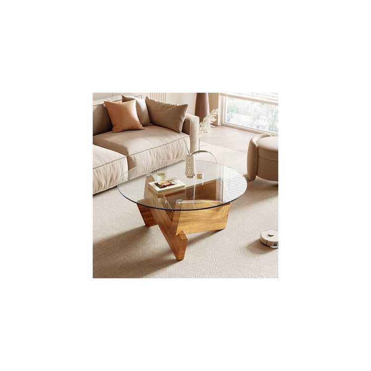 Honyee Modern Round Coffee Table, 30.7" x 30.7" x 16.1" Tempered Glass Top for Living Room, Color: Natural Wood