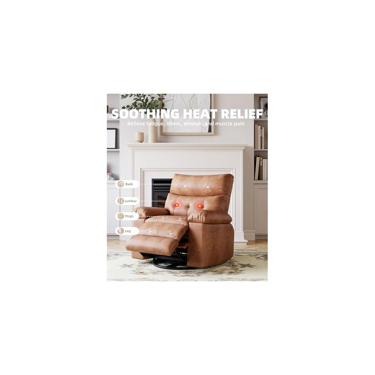 360° Swivel Manual Recliner Chair with Massage & Remote Control, PU Leather Lounge Chair with Side Pocket, Wide Single Sofa Seat for Living Room Comfort, Ergonomic Beige Reclining Armchair