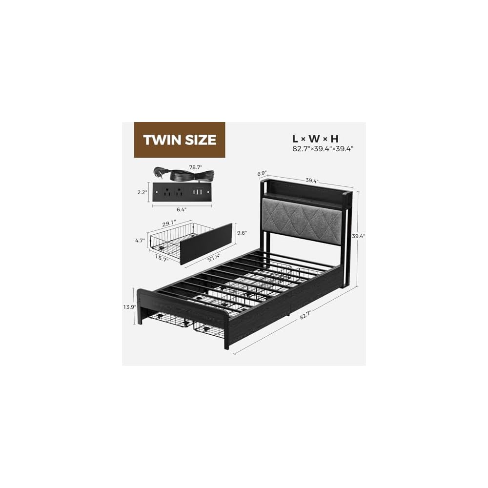 Holiwei Bed Frame Twin Size with Charging Station and LED Lights, Upholstered Storage Headboard with 4 Drawers, Heavy Duty Metal Slats, Noise Free, Easy Assembly, No Box Spring Needed