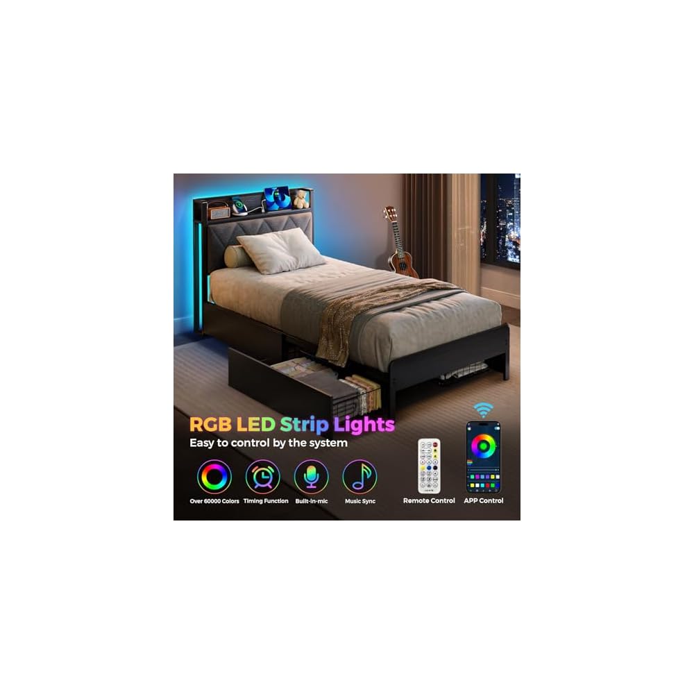 Holiwei Bed Frame Twin Size with Charging Station and LED Lights, Upholstered Storage Headboard with 4 Drawers, Heavy Duty Metal Slats, Noise Free, Easy Assembly, No Box Spring Needed