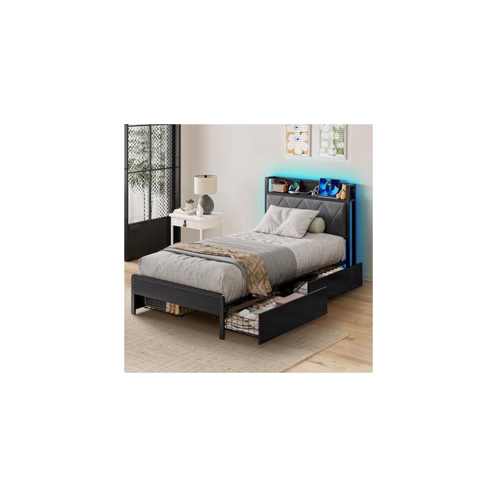 Holiwei Bed Frame Twin Size with Charging Station and LED Lights, Upholstered Storage Headboard with 4 Drawers, Heavy Duty Metal Slats, Noise Free, Easy Assembly, No Box Spring Needed