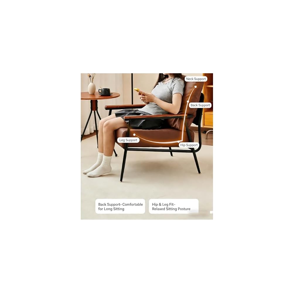 Mid-Century Modern Brown Faux Leather Accent Chair with Wooden Arms – Comfy Design for Office, Living Room, and Bedroom – Stylish & Versatile Seating Solution