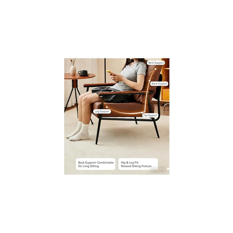 Mid-Century Modern Brown Faux Leather Accent Chair with Wooden Arms – Comfy Design for Office, Living Room, and Bedroom – Stylish & Versatile Seating Solution