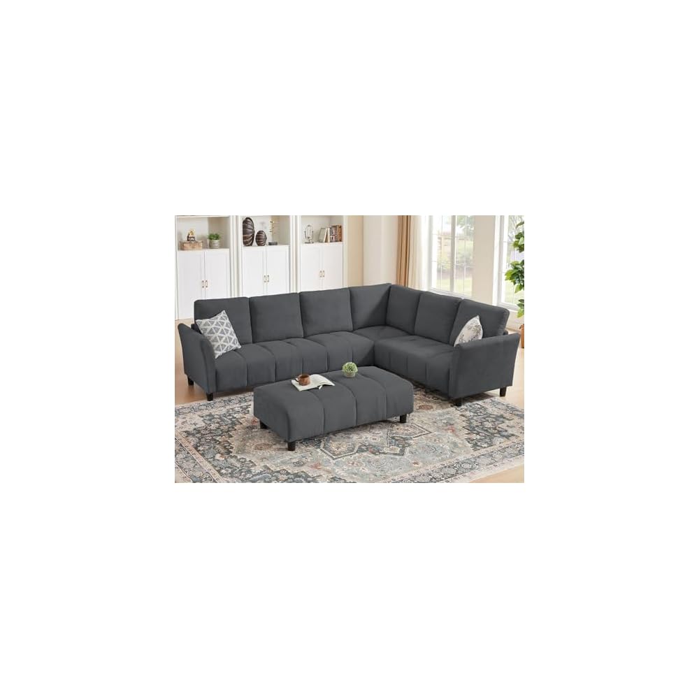 102" L Shaped Sofa, 6 Seater Sectional Couch with Ottoman, Dark Grey