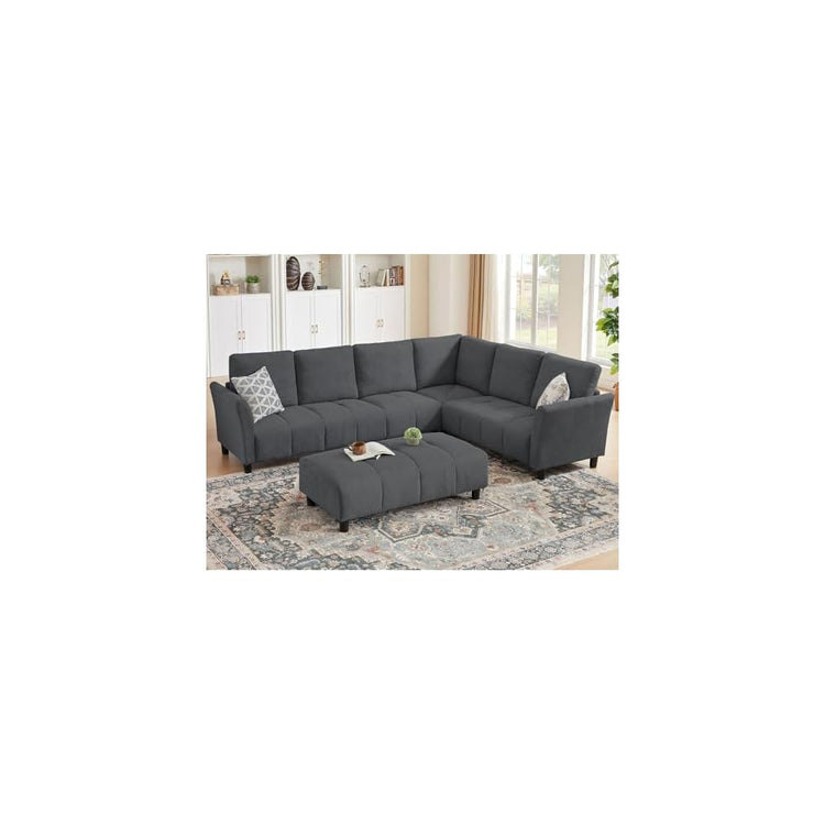 102" L Shaped Sofa, 6 Seater Sectional Couch with Ottoman, Dark Grey