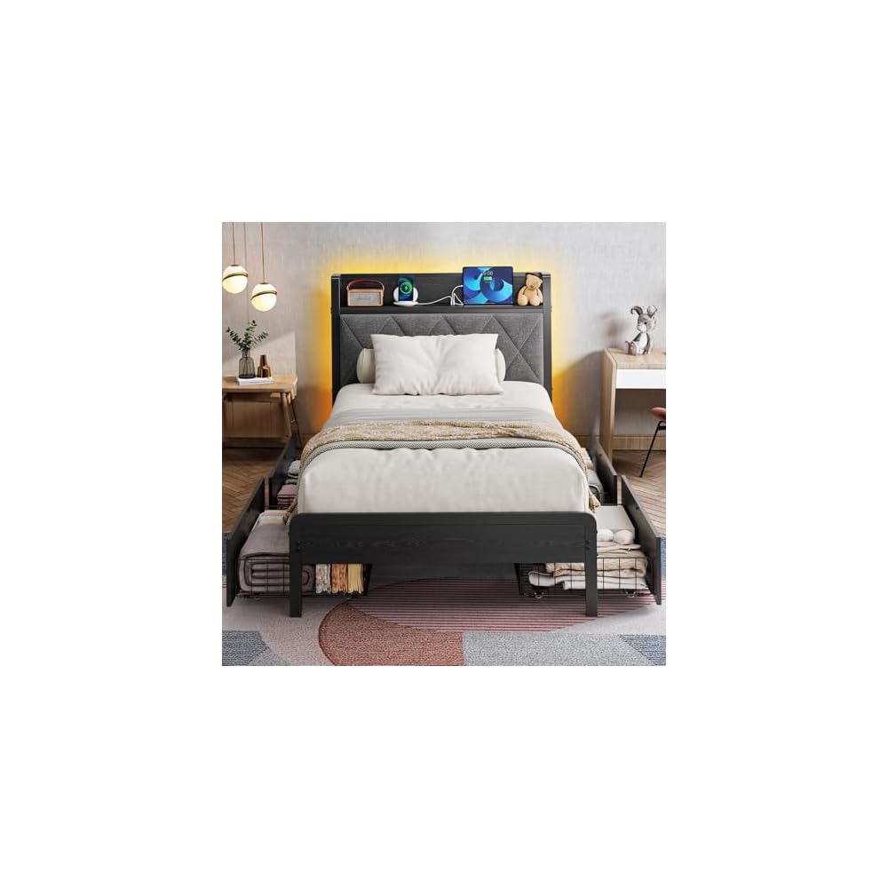 Holiwei Bed Frame Twin Size with Charging Station and LED Lights, Upholstered Storage Headboard with 4 Drawers, Heavy Duty Metal Slats, Noise Free, Easy Assembly, No Box Spring Needed
