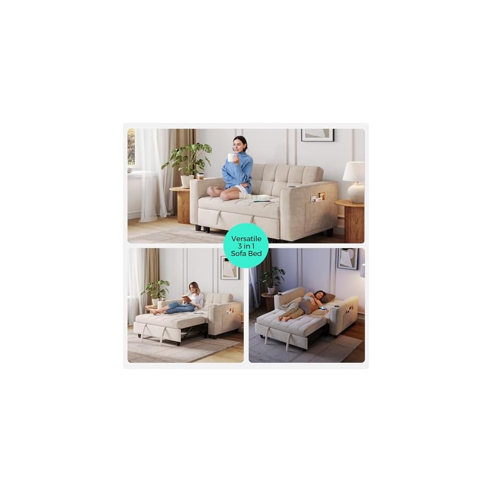 LINSY Sleeper Sofa Bed, 54" Pull Out Couch with Charging Station & Cup Holder, Small 3 in 1 Convertible Loveseat Sleeper Couch for Apartment, Dorm Room, Bedroom and Small Space, Chenille Beige