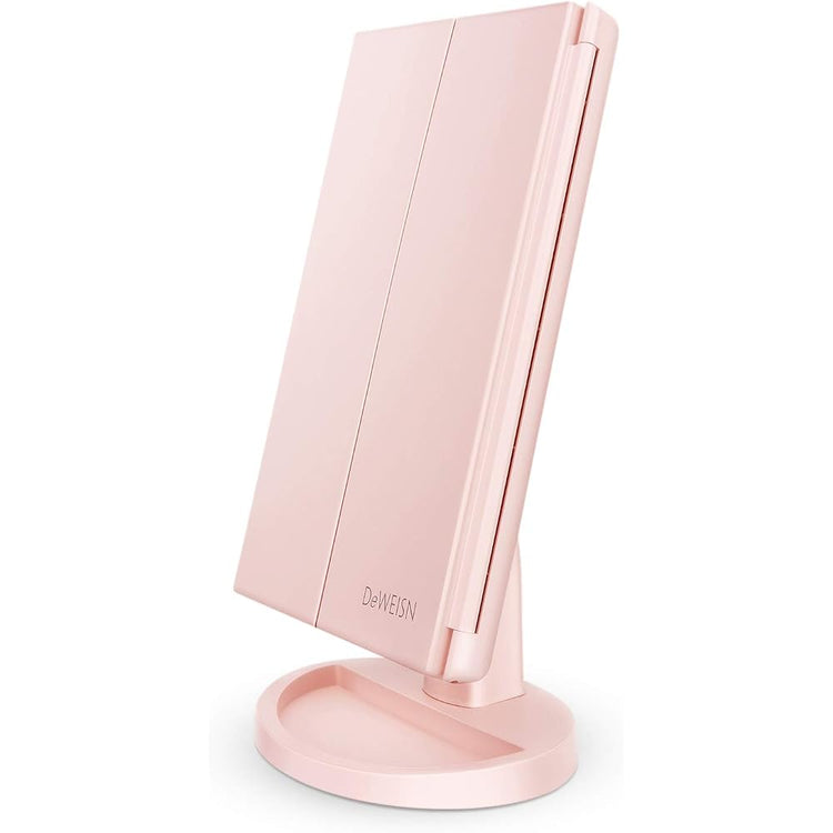 deweisn Tabletop Mount Tri-Fold Lighted Vanity Mirror with 21 LED Lights, Touch Screen and 3X/2X/1X Magnification, Two Power Supply Modes Make Up Mirror,Travel Mirror