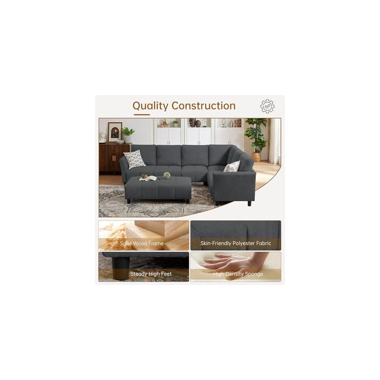 102" L Shaped Sofa, 6 Seater Sectional Couch with Ottoman, Dark Grey