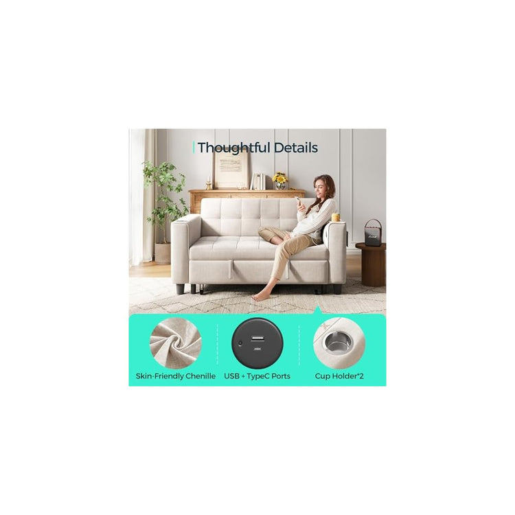 LINSY Sleeper Sofa Bed, 54" Pull Out Couch with Charging Station & Cup Holder, Small 3 in 1 Convertible Loveseat Sleeper Couch for Apartment, Dorm Room, Bedroom and Small Space, Chenille Beige