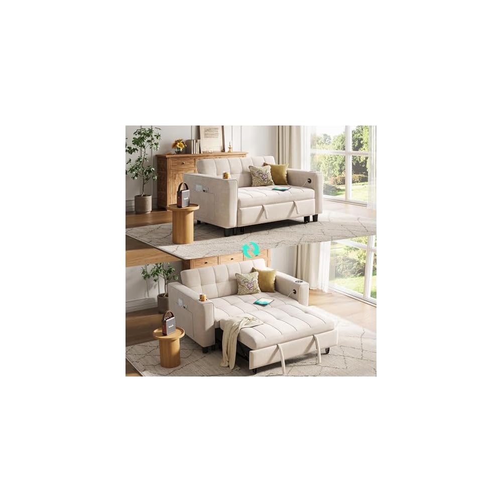LINSY Sleeper Sofa Bed, 54" Pull Out Couch with Charging Station & Cup Holder, Small 3 in 1 Convertible Loveseat Sleeper Couch for Apartment, Dorm Room, Bedroom and Small Space, Chenille Beige