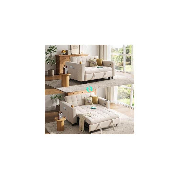 LINSY Sleeper Sofa Bed, 54" Pull Out Couch with Charging Station & Cup Holder, Small 3 in 1 Convertible Loveseat Sleeper Couch for Apartment, Dorm Room, Bedroom and Small Space, Chenille Beige