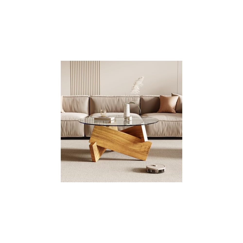 Honyee Modern Round Coffee Table, 30.7" x 30.7" x 16.1" Tempered Glass Top for Living Room, Color: Natural Wood