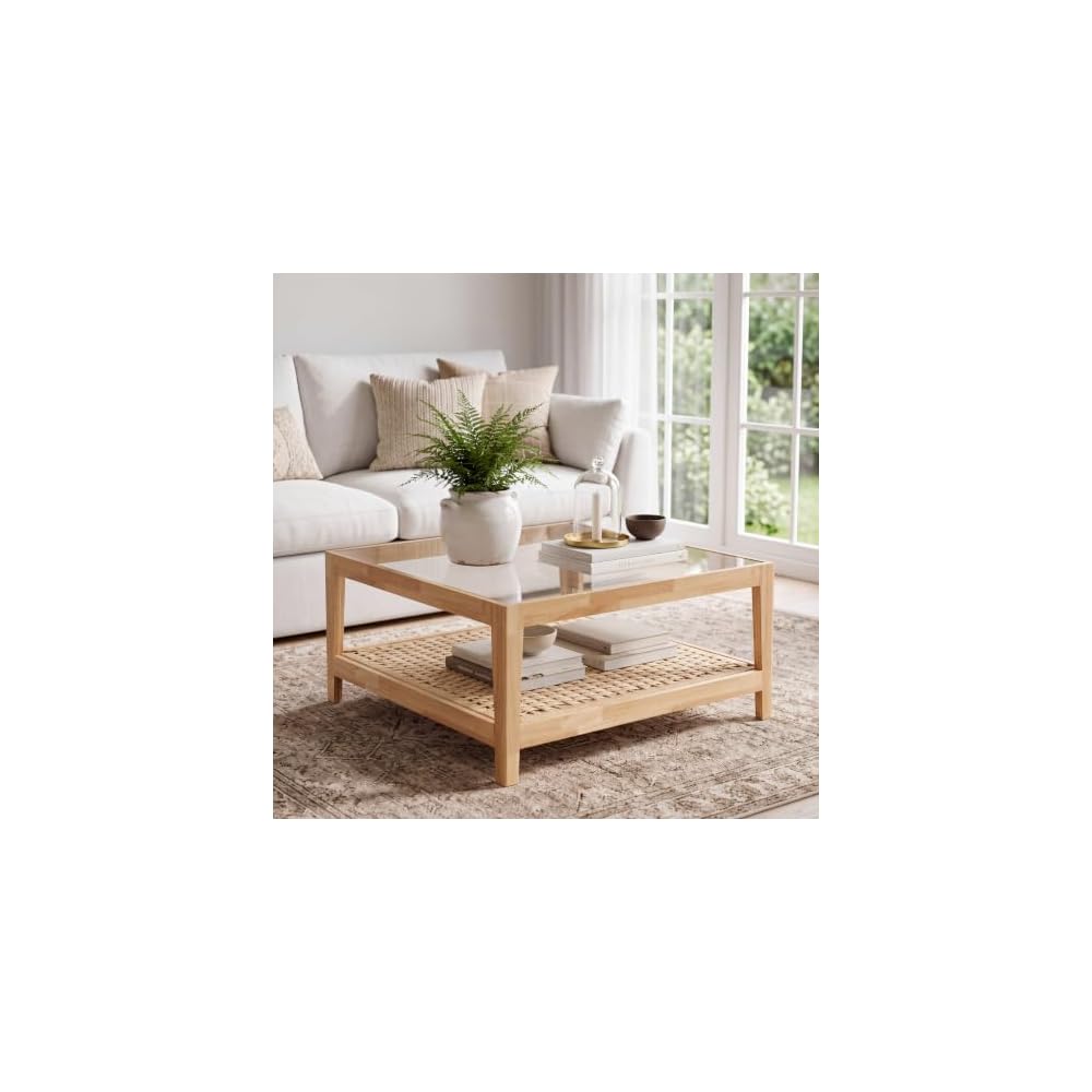 Honyee Modern Round Coffee Table, 30.7" x 30.7" x 16.1" Tempered Glass Top for Living Room, Color: Natural Wood