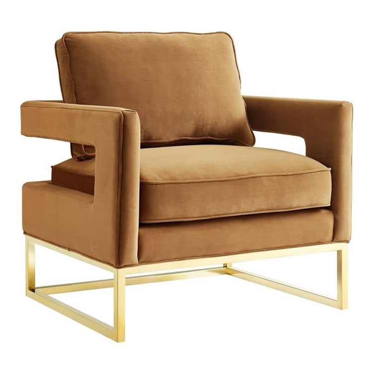 TOV Furniture The Avery Collection Modern Style Living Room Den Leather Upholstered Armchair with Gold Legs, Cognac
