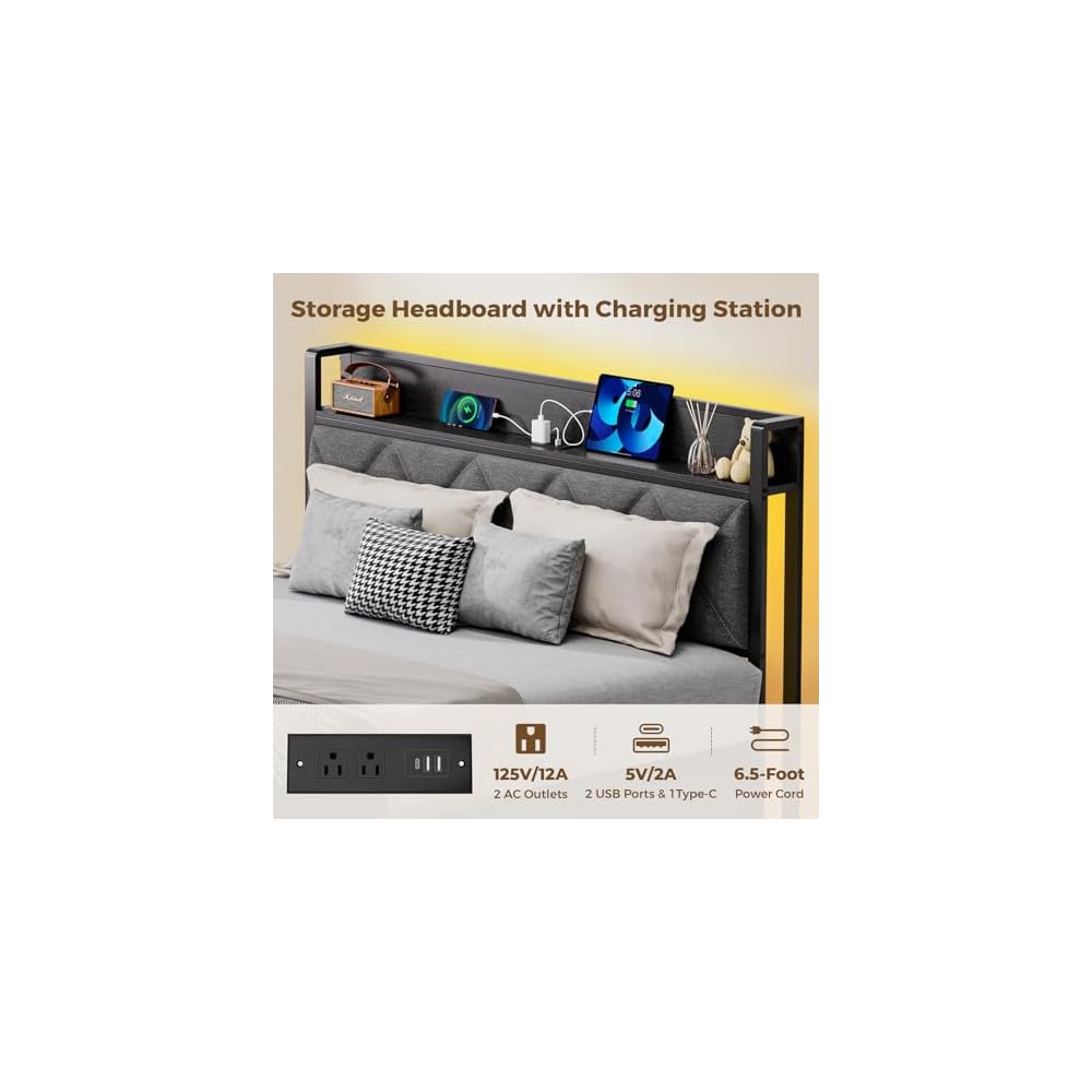 Holiwei Bed Frame Twin Size with Charging Station and LED Lights, Upholstered Storage Headboard with 4 Drawers, Heavy Duty Metal Slats, Noise Free, Easy Assembly, No Box Spring Needed