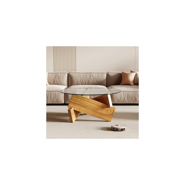 Honyee Modern Round Coffee Table, 30.7" x 30.7" x 16.1" Tempered Glass Top for Living Room, Color: Natural Wood