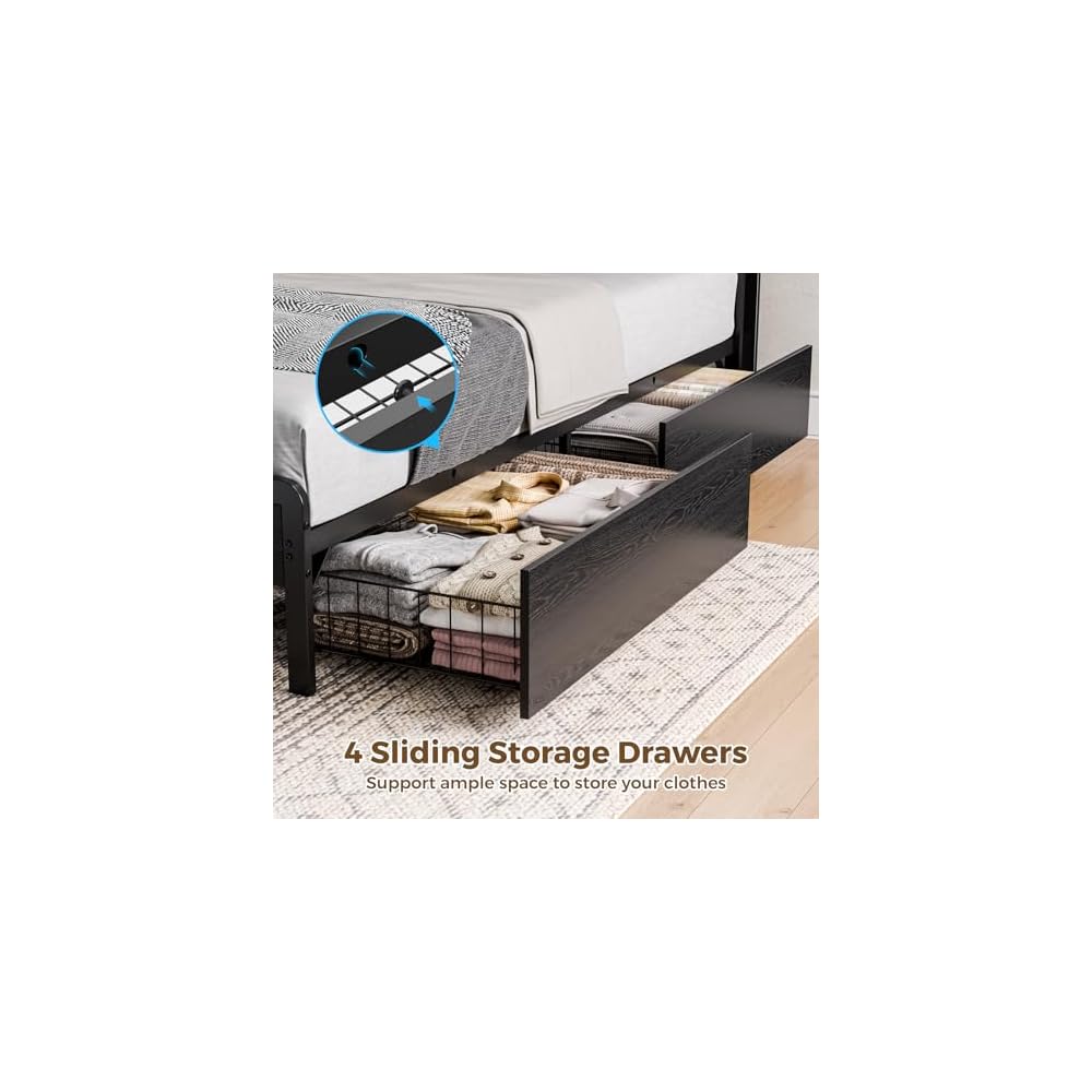 Holiwei Bed Frame Twin Size with Charging Station and LED Lights, Upholstered Storage Headboard with 4 Drawers, Heavy Duty Metal Slats, Noise Free, Easy Assembly, No Box Spring Needed