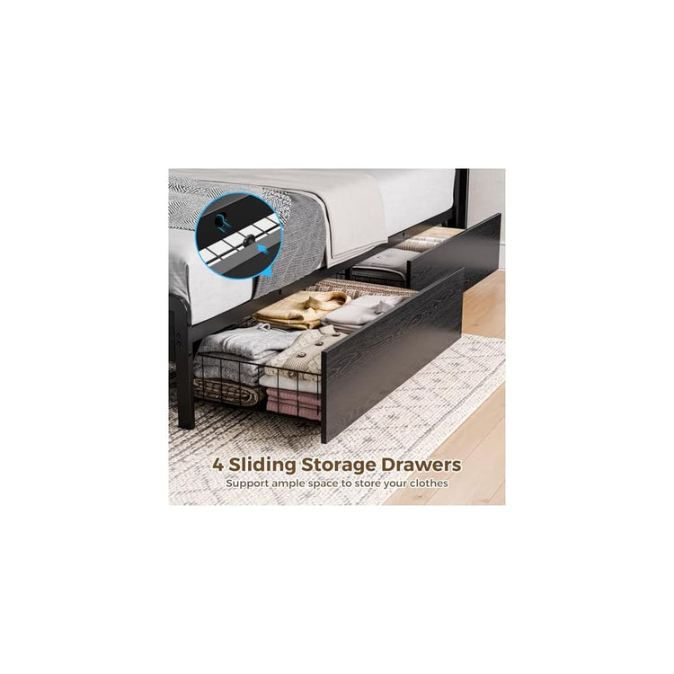 Holiwei Bed Frame Twin Size with Charging Station and LED Lights, Upholstered Storage Headboard with 4 Drawers, Heavy Duty Metal Slats, Noise Free, Easy Assembly, No Box Spring Needed