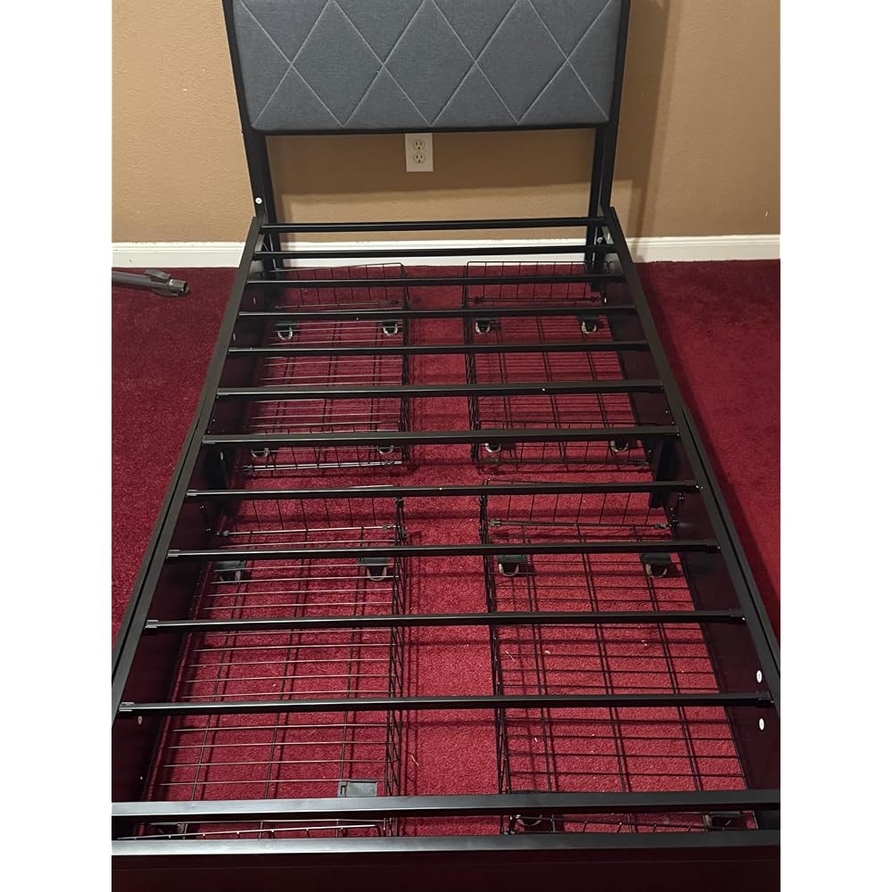 Holiwei Bed Frame Twin Size with Charging Station and LED Lights, Upholstered Storage Headboard with 4 Drawers, Heavy Duty Metal Slats, Noise Free, Easy Assembly, No Box Spring Needed