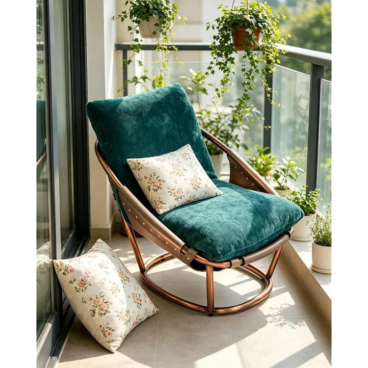 Teal Velvet Lounge Chair with Curved Steel Frame and Reclined Back