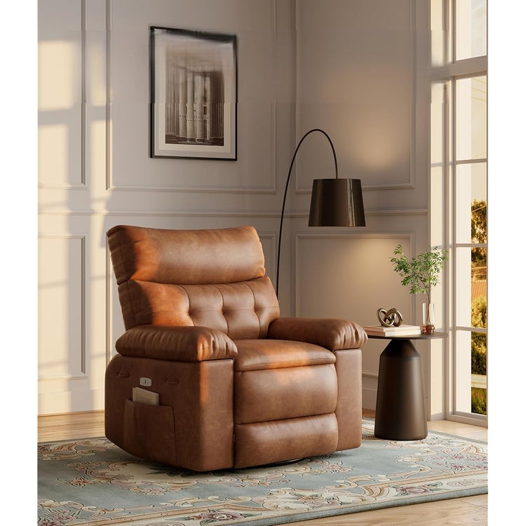 360° Swivel Manual Recliner Chair with Massage & Remote Control, PU Leather Lounge Chair with Side Pocket, Wide Single Sofa Seat for Living Room Comfort, Ergonomic Beige Reclining Armchair