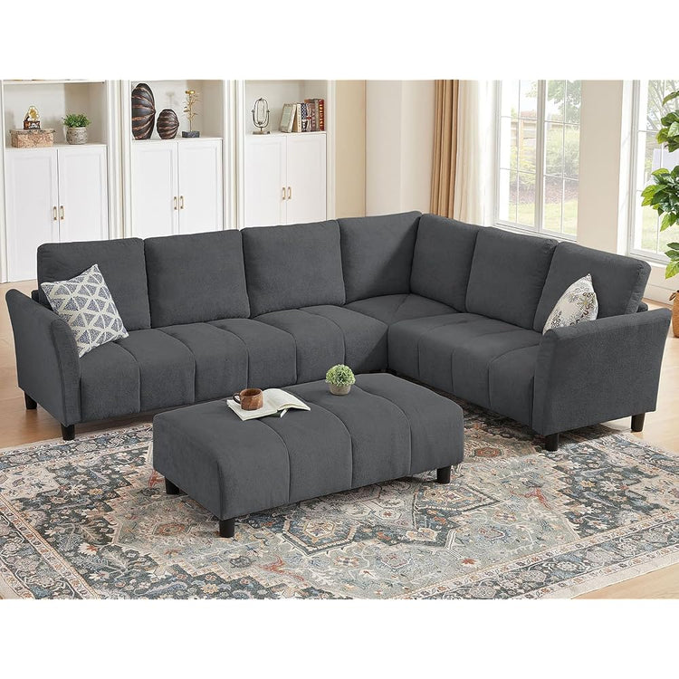 102" L Shaped Sofa, 6 Seater Sectional Couch with Ottoman, Dark Grey