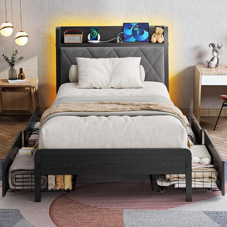 Holiwei Bed Frame Twin Size with Charging Station and LED Lights, Upholstered Storage Headboard with 4 Drawers, Heavy Duty Metal Slats, Noise Free, Easy Assembly, No Box Spring Needed